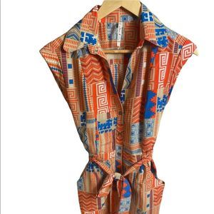 Willow And Clay full button summer Aztec printed belted Mini Dress small